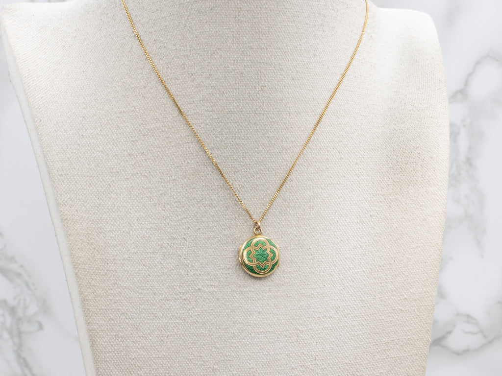Beautiful Vintage 18-Karat Gold and Green Enamel Locket Necklace