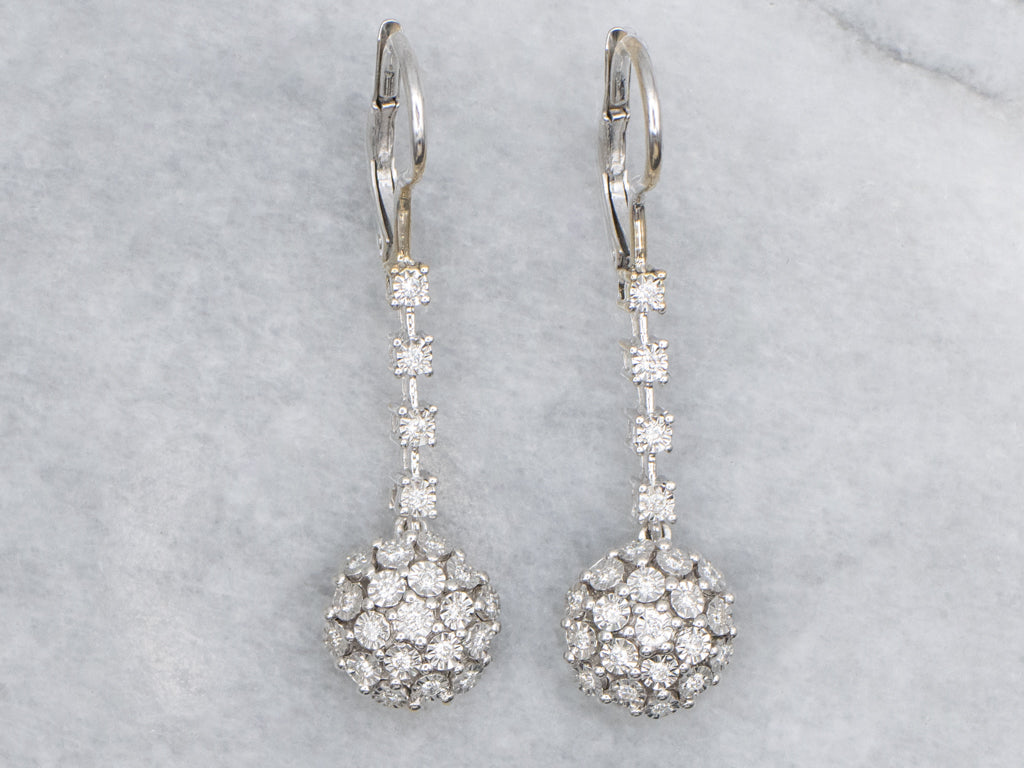 Diamond Cluster White Gold Sparkling Drop Earrings