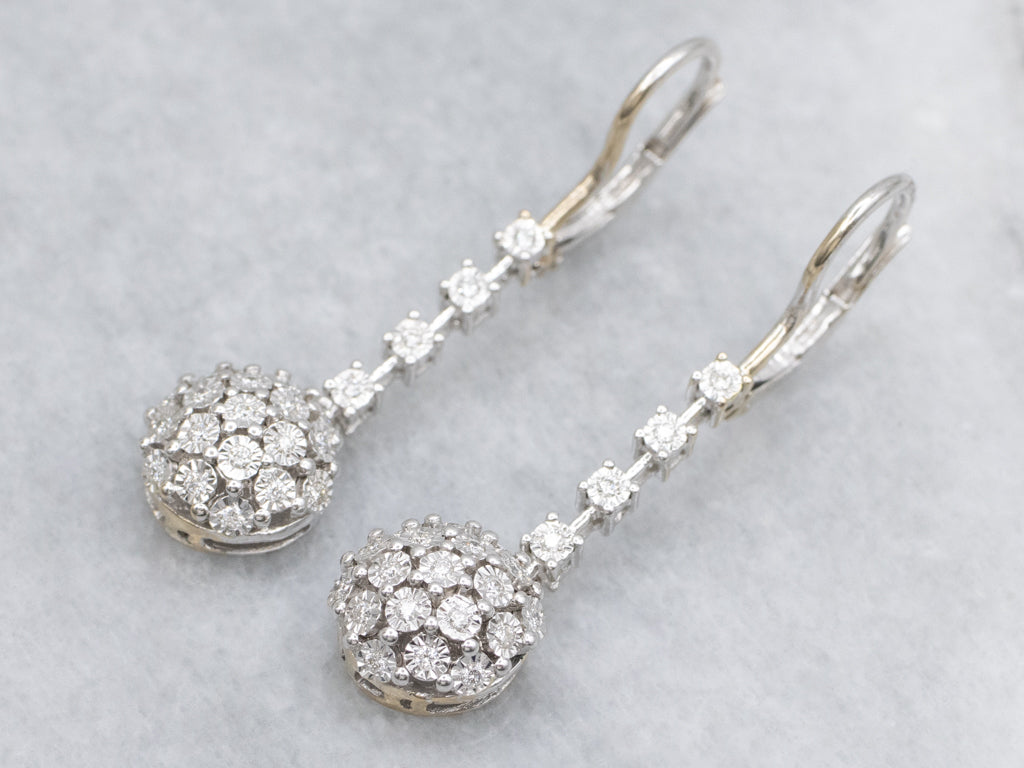 Diamond Cluster White Gold Sparkling Drop Earrings