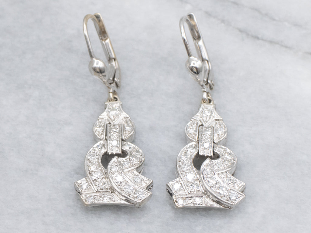 Retro Era White Gold Diamond Drop Earrings