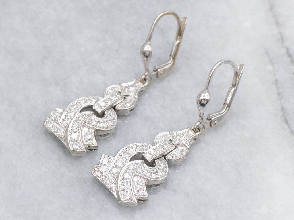 Retro Era White Gold Diamond Drop Earrings