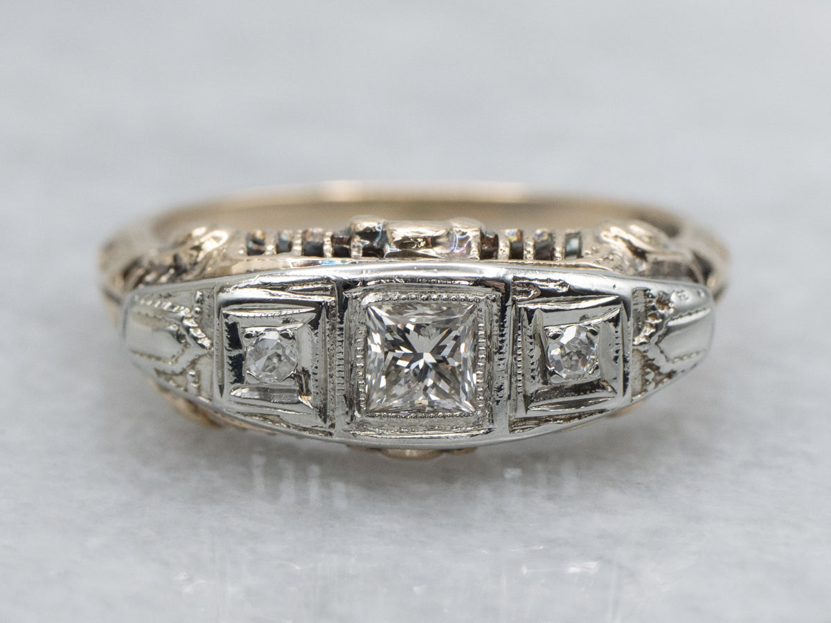 Early Retro-Era Three Stone Diamond Engagement Ring