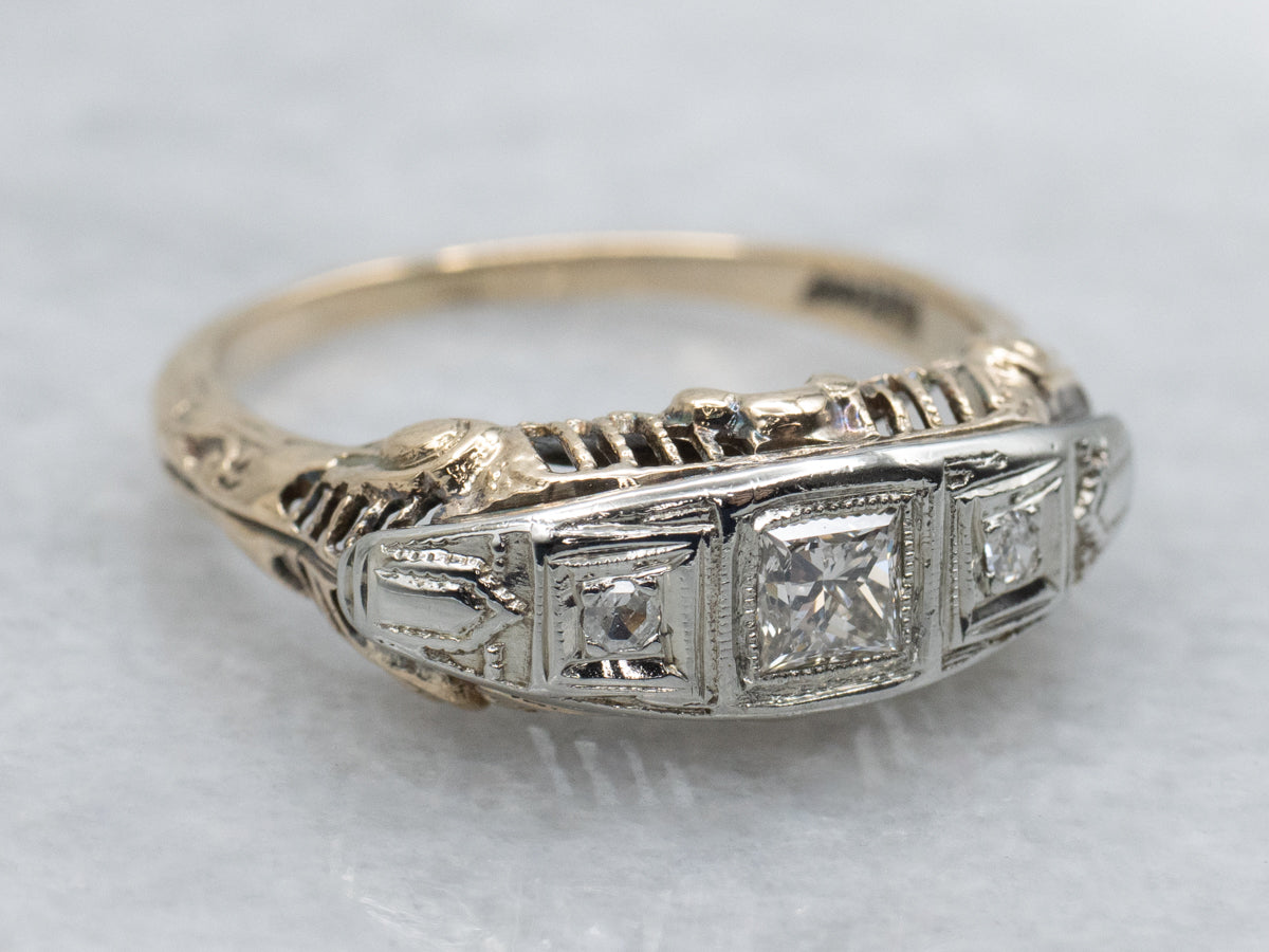 Early Retro-Era Three Stone Diamond Engagement Ring