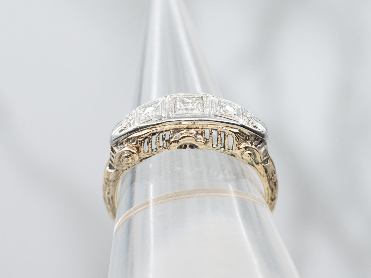 Early Retro-Era Three Stone Diamond Engagement Ring