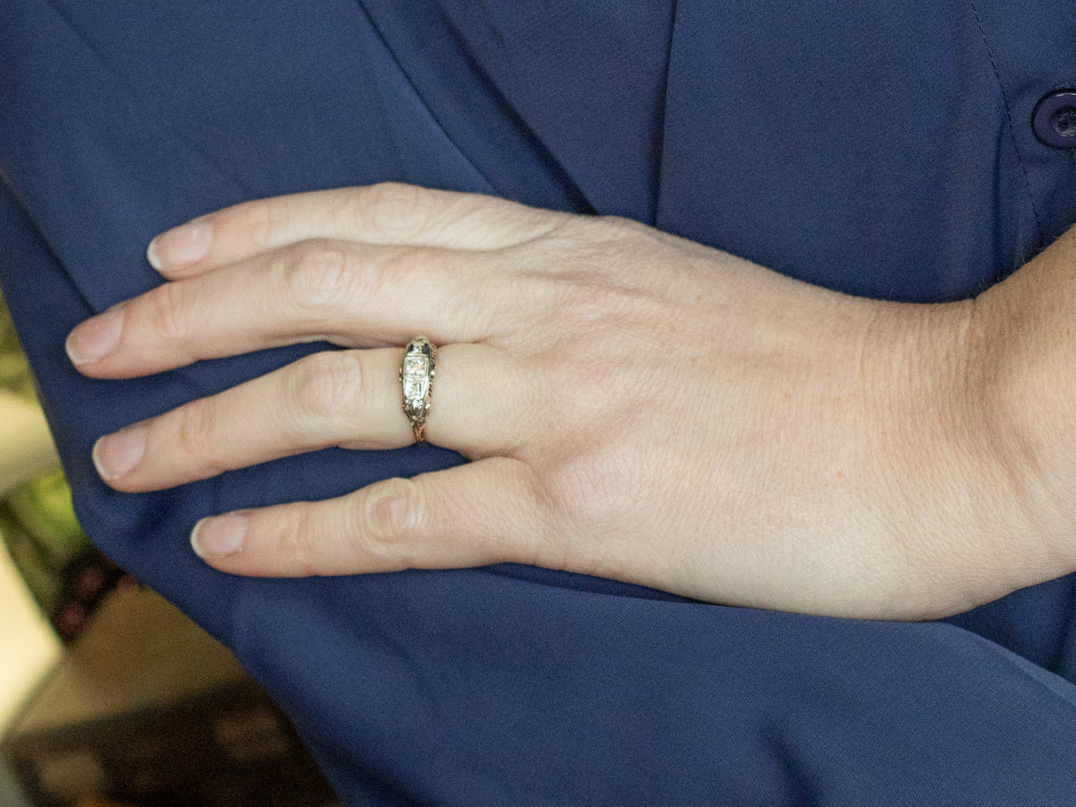 Early Retro-Era Three Stone Diamond Engagement Ring