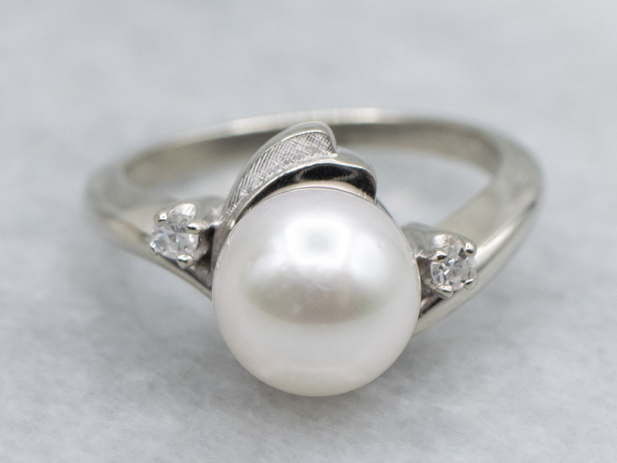 White Gold Pearl Ring with Diamond Accents