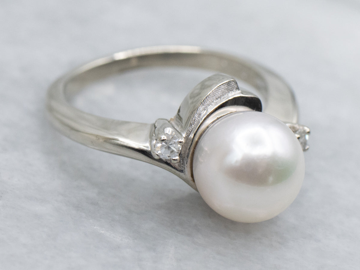 White Gold Pearl Ring with Diamond Accents
