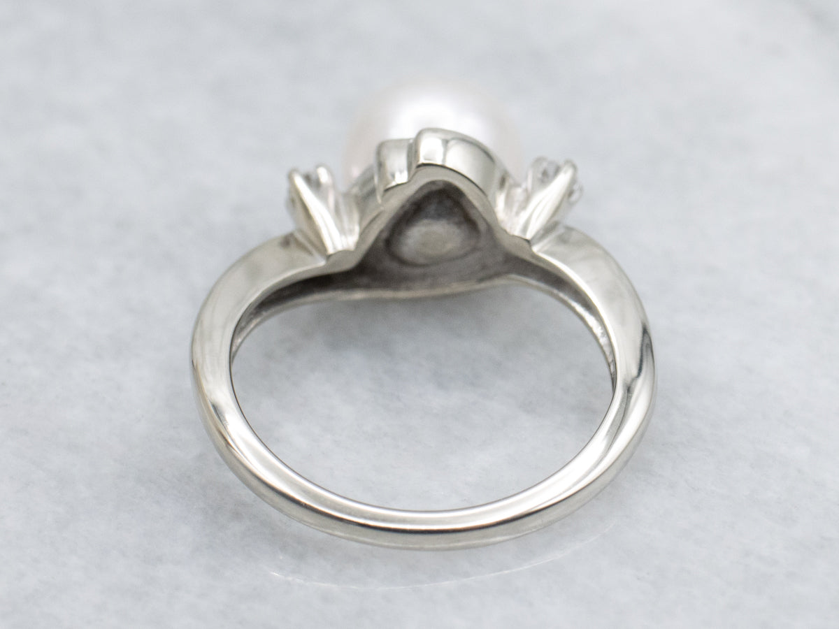 White Gold Pearl Ring with Diamond Accents