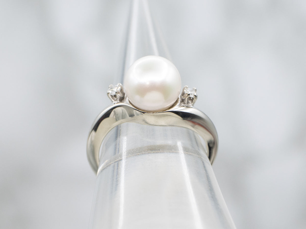 White Gold Pearl Ring with Diamond Accents