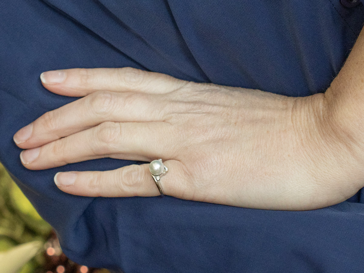 White Gold Pearl Ring with Diamond Accents