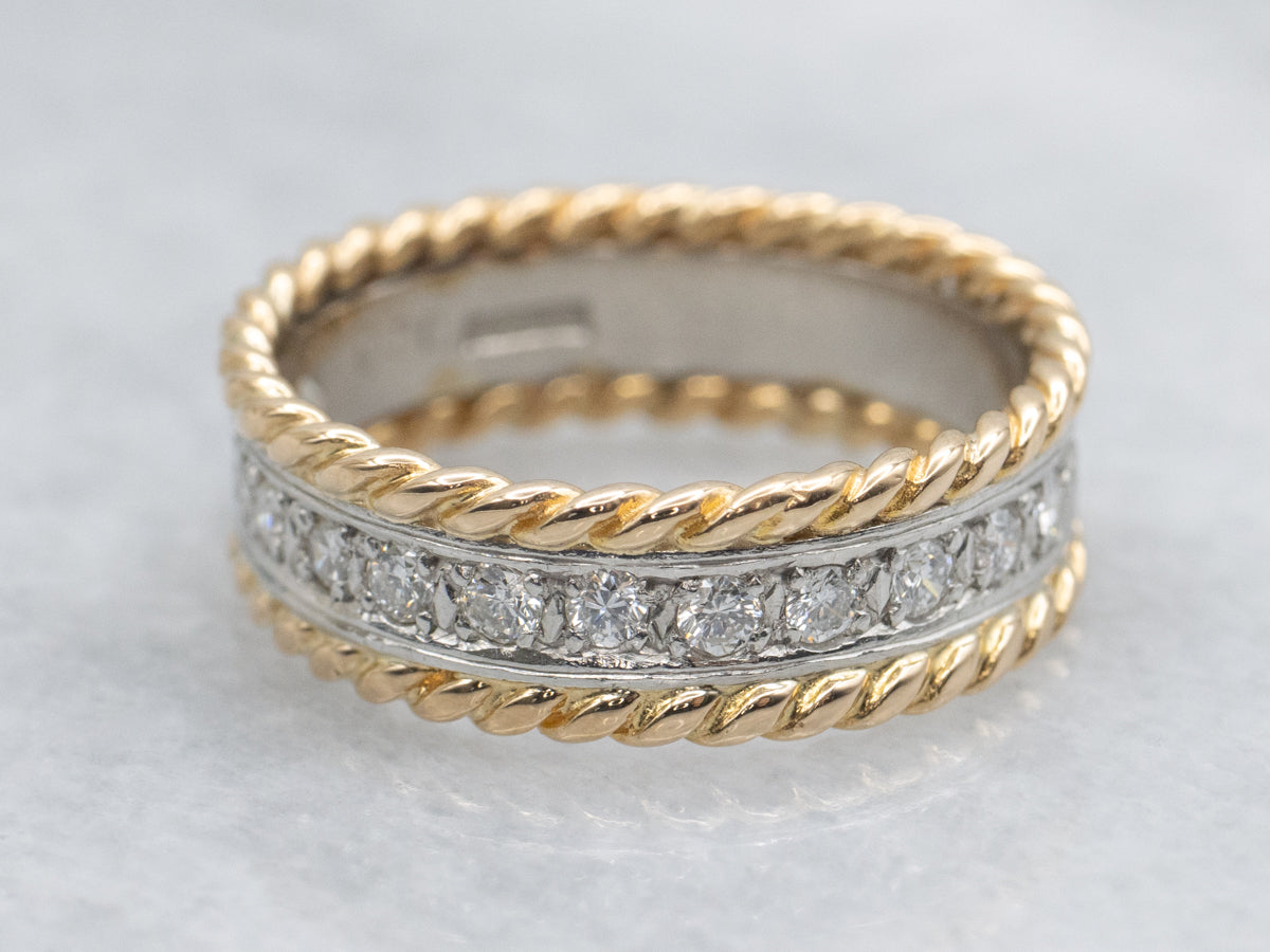 Platinum and Diamond Band with Gold Rope Twist Edging