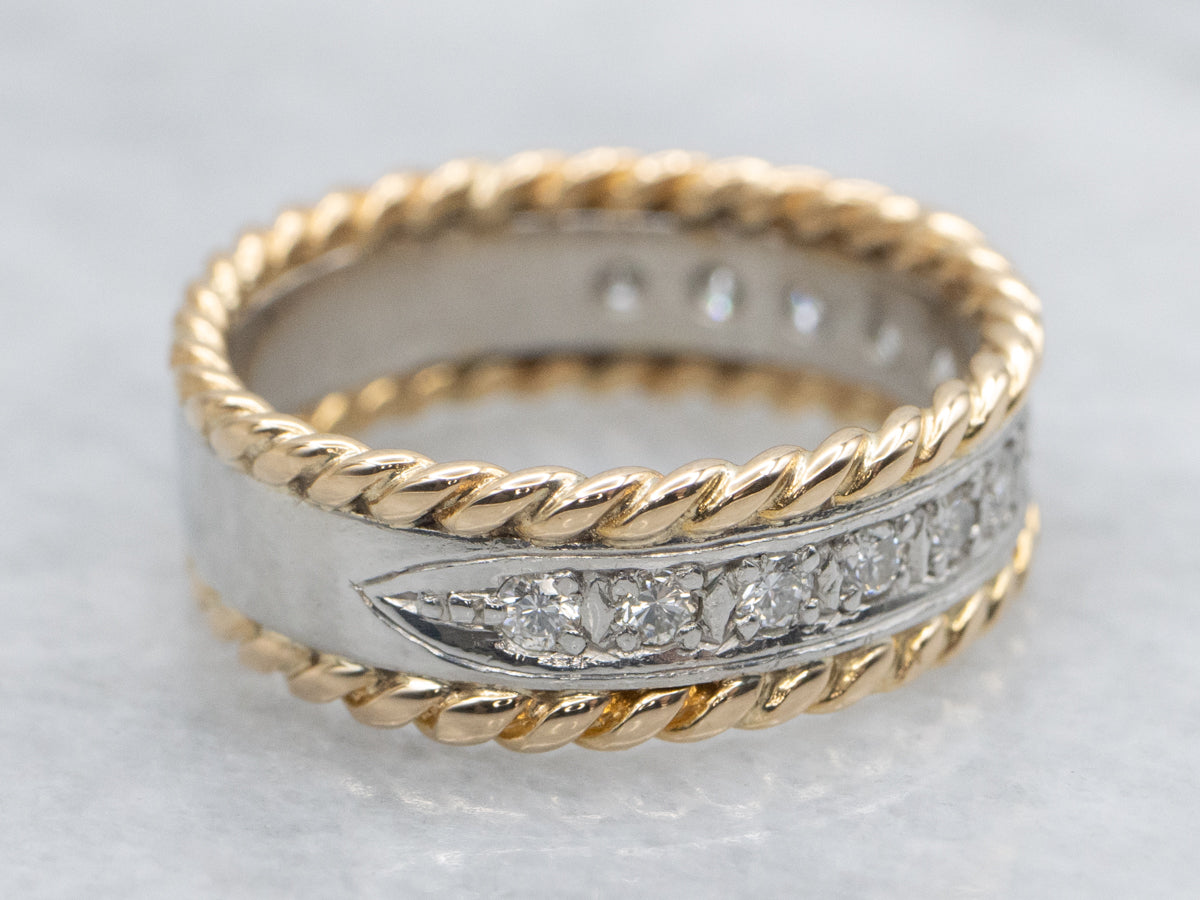 Platinum and Diamond Band with Gold Rope Twist Edging