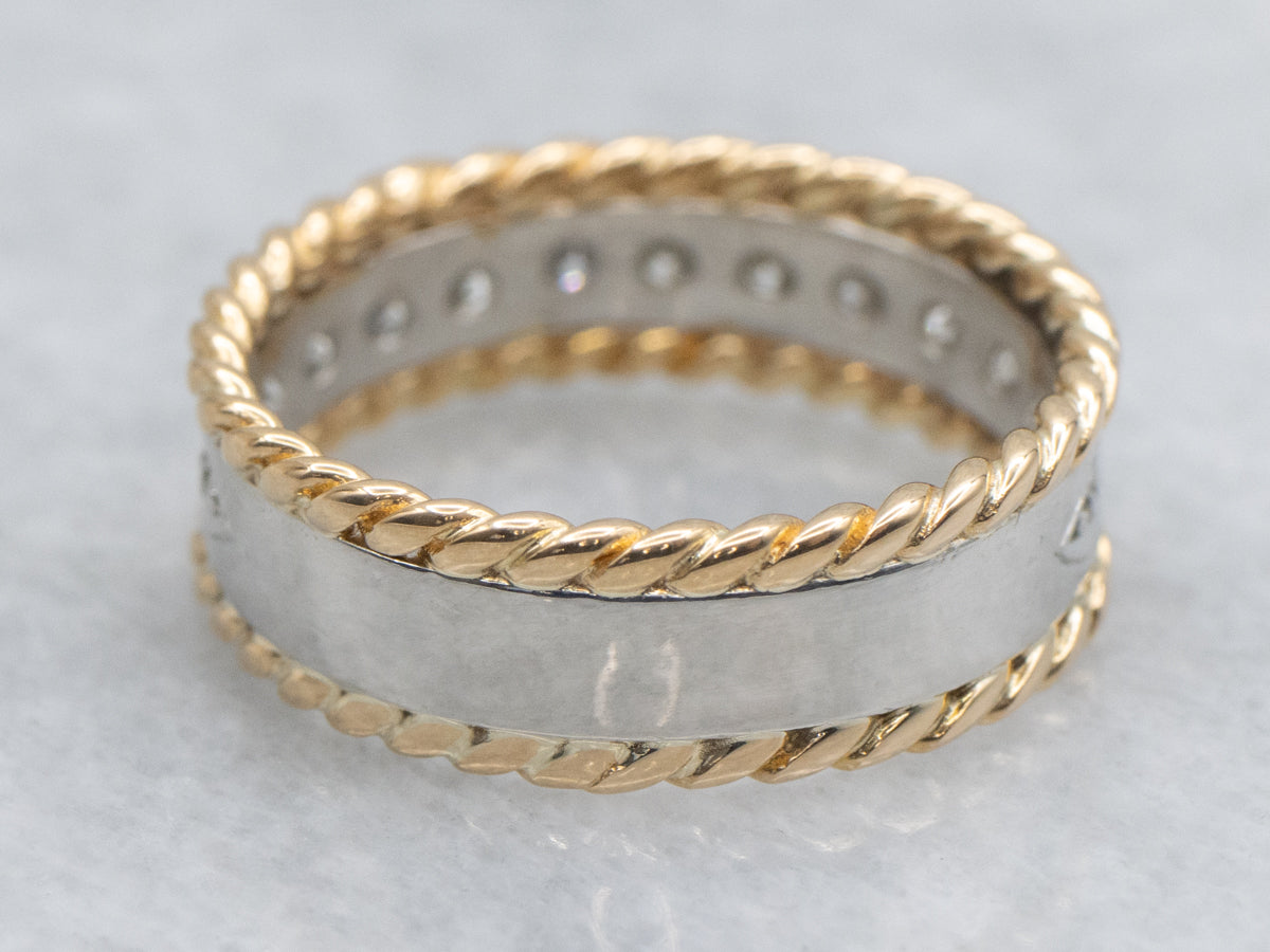 Platinum and Diamond Band with Gold Rope Twist Edging