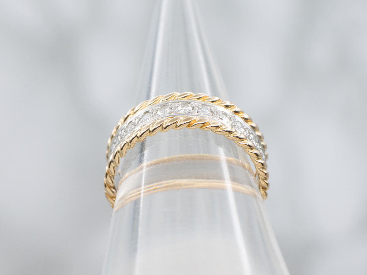 Platinum and Diamond Band with Gold Rope Twist Edging