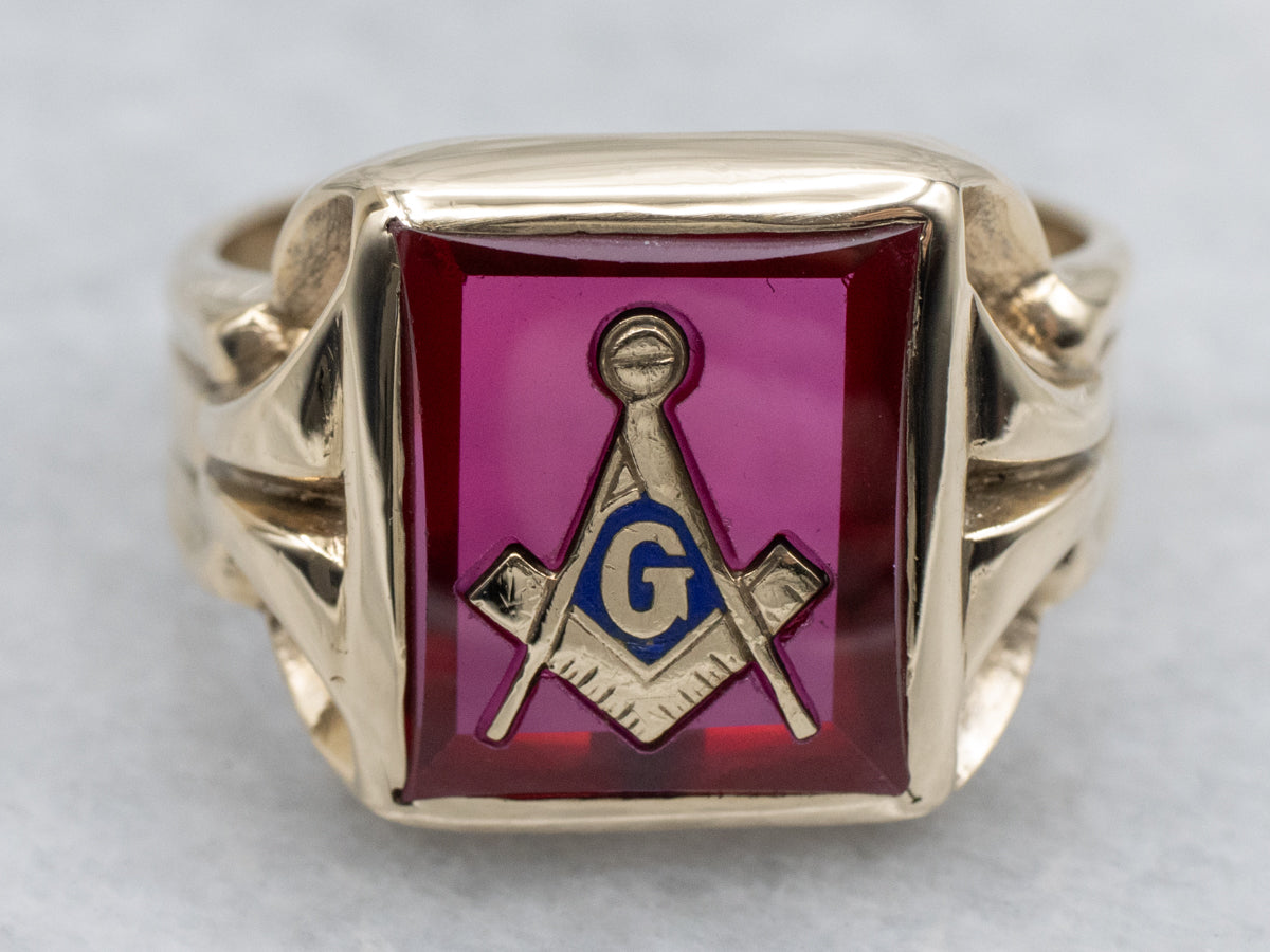 Men's Synthetic Ruby and Gold Vintage Masonic Ring