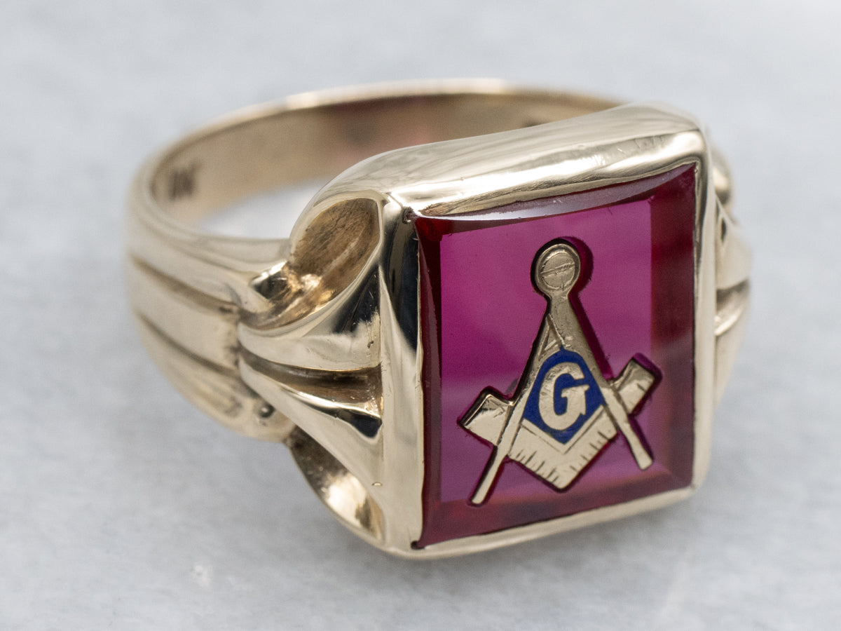 Men's Synthetic Ruby and Gold Vintage Masonic Ring