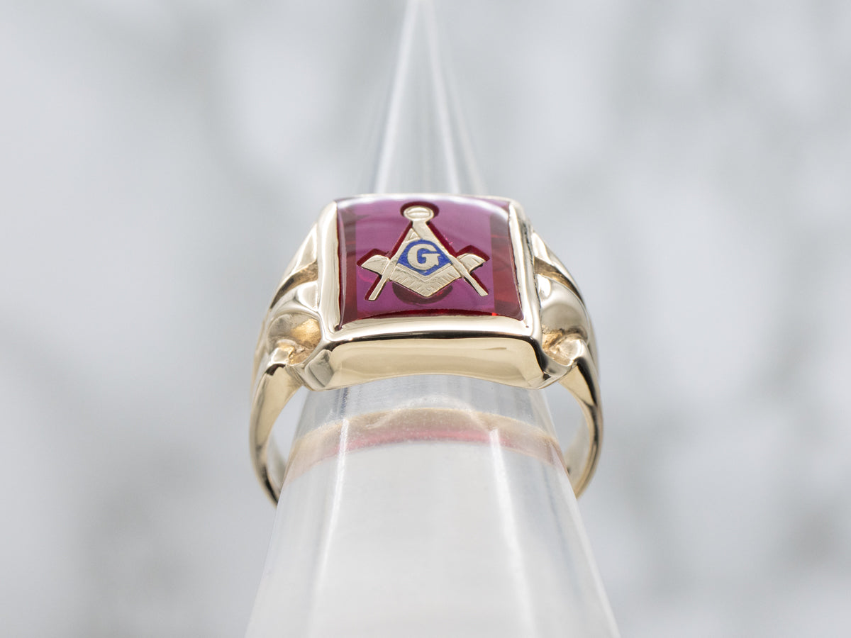 Men's Synthetic Ruby and Gold Vintage Masonic Ring