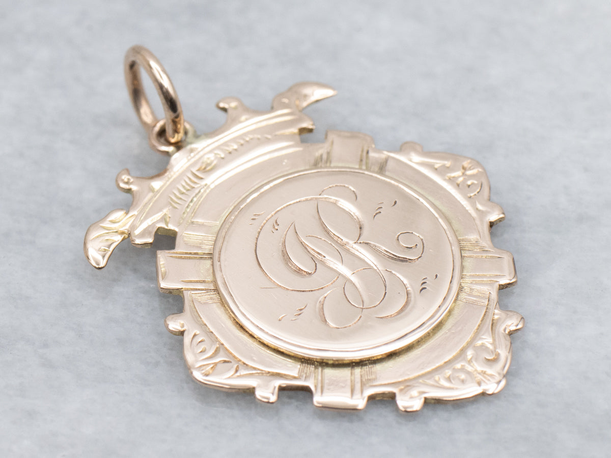 Antique Engraved Monogram "JR" Rose Gold Signet Shield Pendant