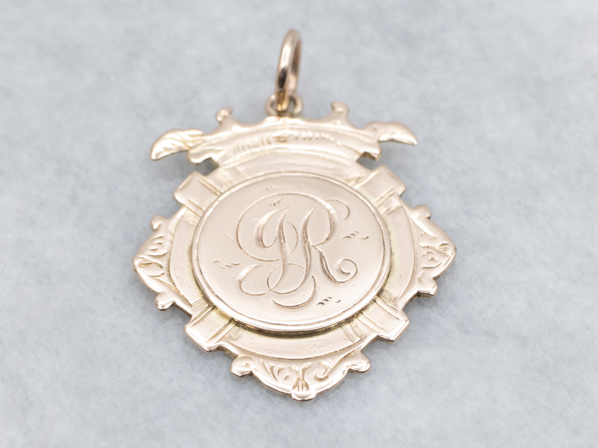 Antique Engraved Monogram "JR" Rose Gold Signet Shield Pendant