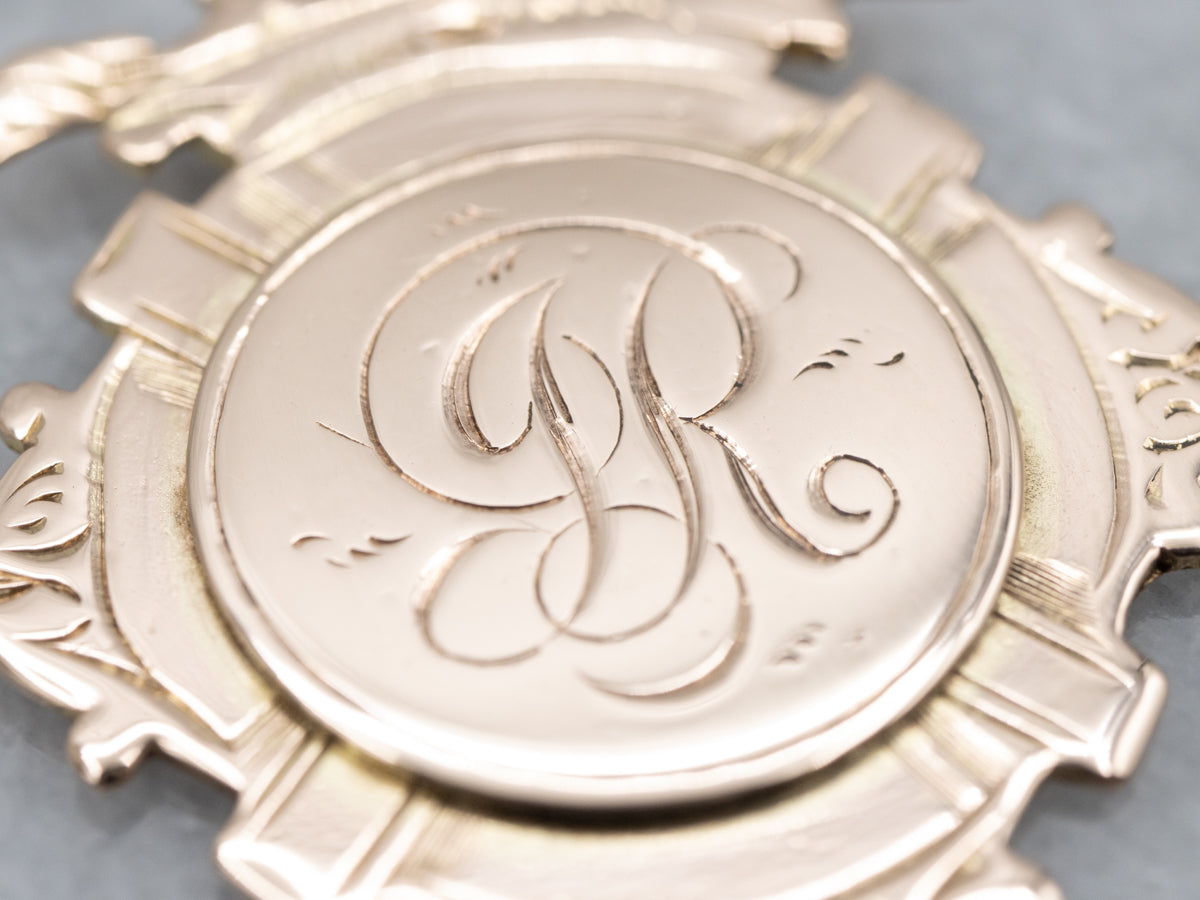 Antique Engraved Monogram "JR" Rose Gold Signet Shield Pendant