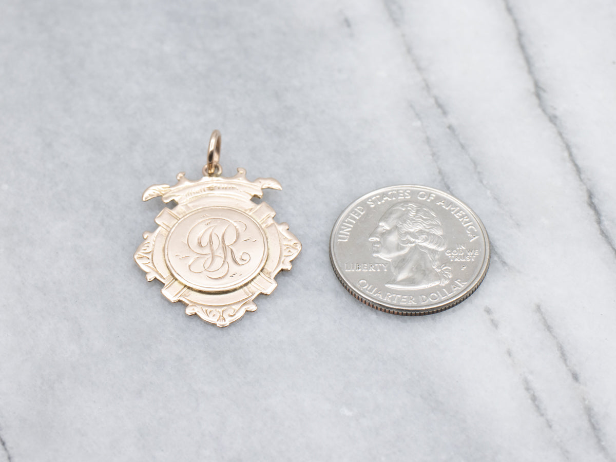 Antique Engraved Monogram "JR" Rose Gold Signet Shield Pendant