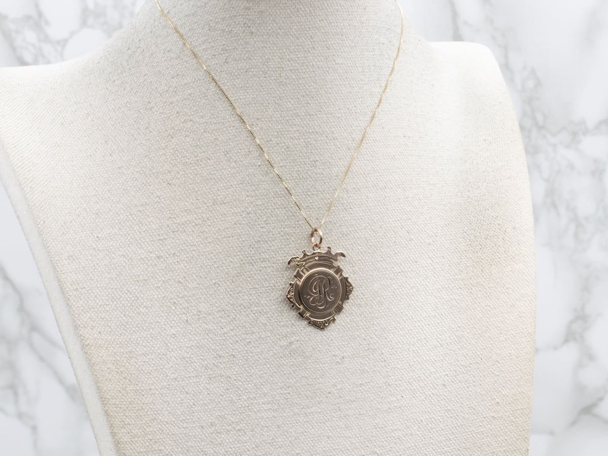 Antique Engraved Monogram "JR" Rose Gold Signet Shield Pendant
