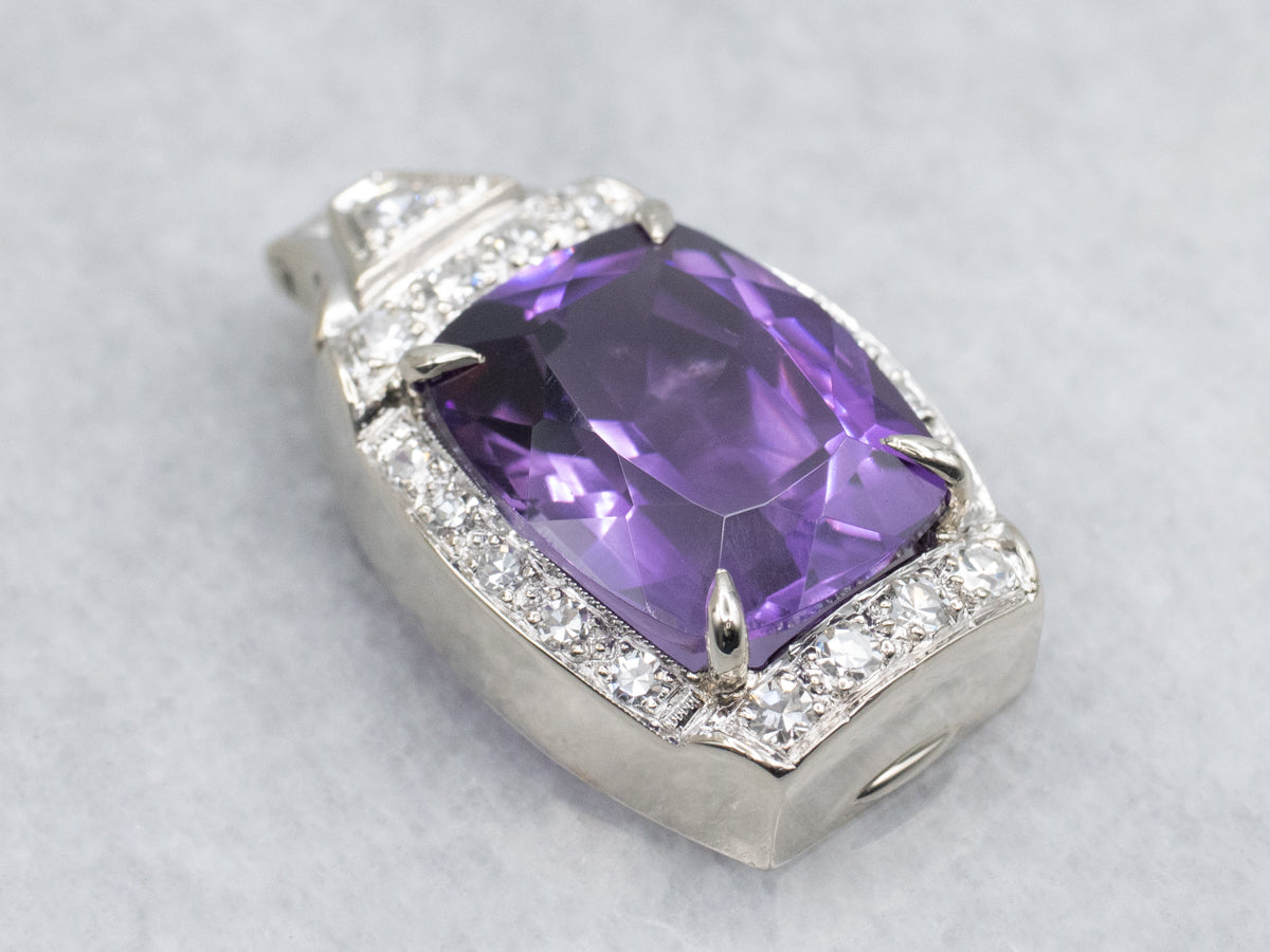 Retro Cushion-Cut Amethyst with Diamond Frame Watch Face Conversion Pendant