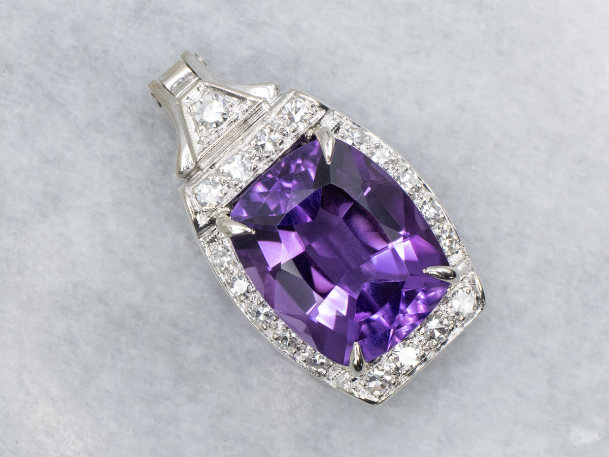 Retro Cushion-Cut Amethyst with Diamond Frame Watch Face Conversion Pendant