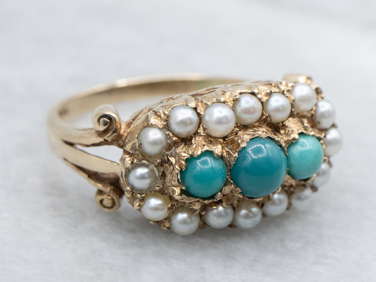 Antique Turquoise and Pearl Halo Gold Ring