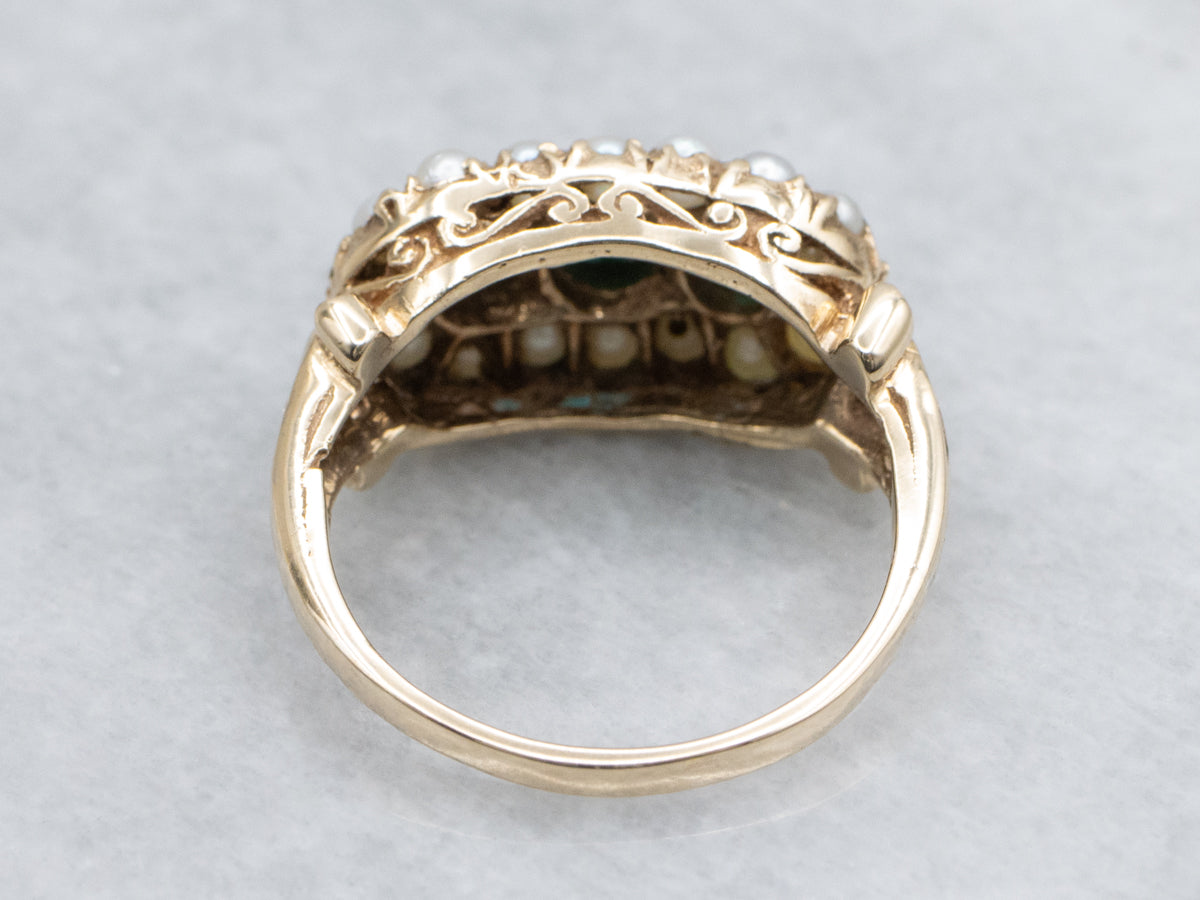 Antique Turquoise and Pearl Halo Gold Ring
