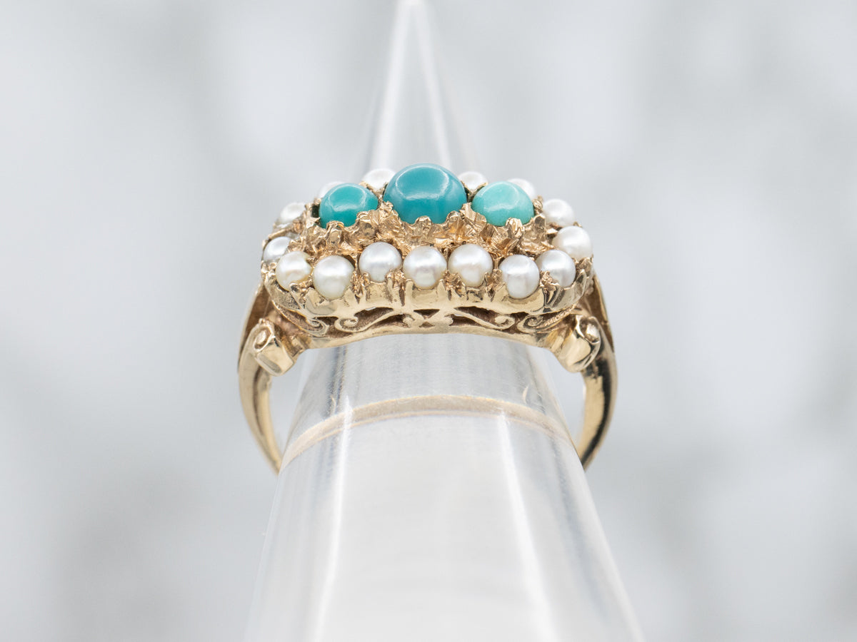 Antique Turquoise and Pearl Halo Gold Ring