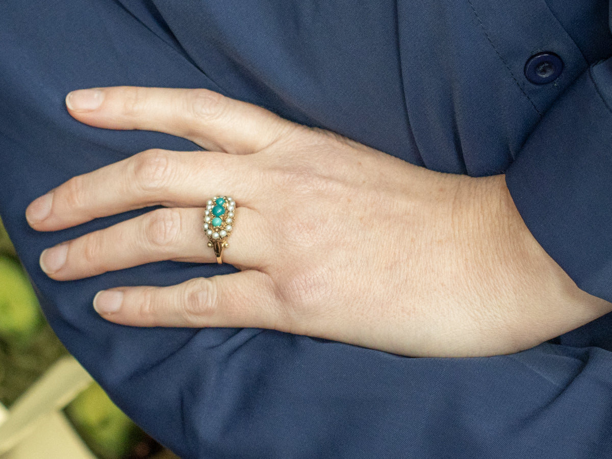 Antique Turquoise and Pearl Halo Gold Ring