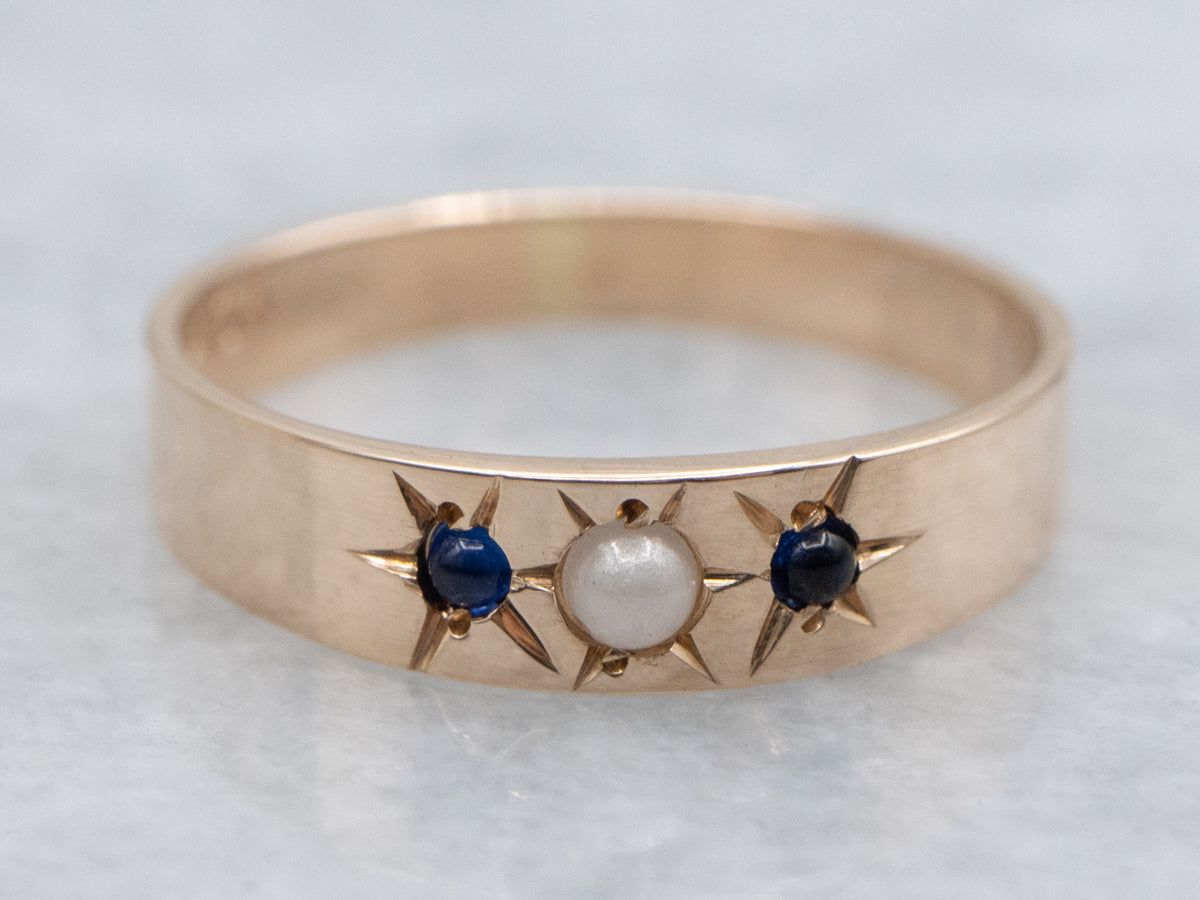 Antique Faux Pearl and Sapphire Doublet Mini Gold Baptism Band