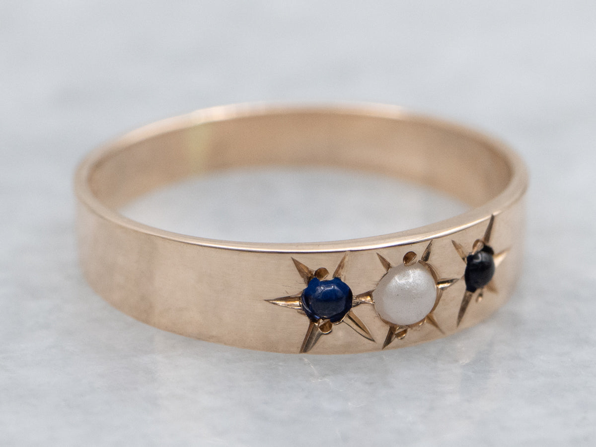 Antique Faux Pearl and Sapphire Doublet Mini Gold Baptism Band