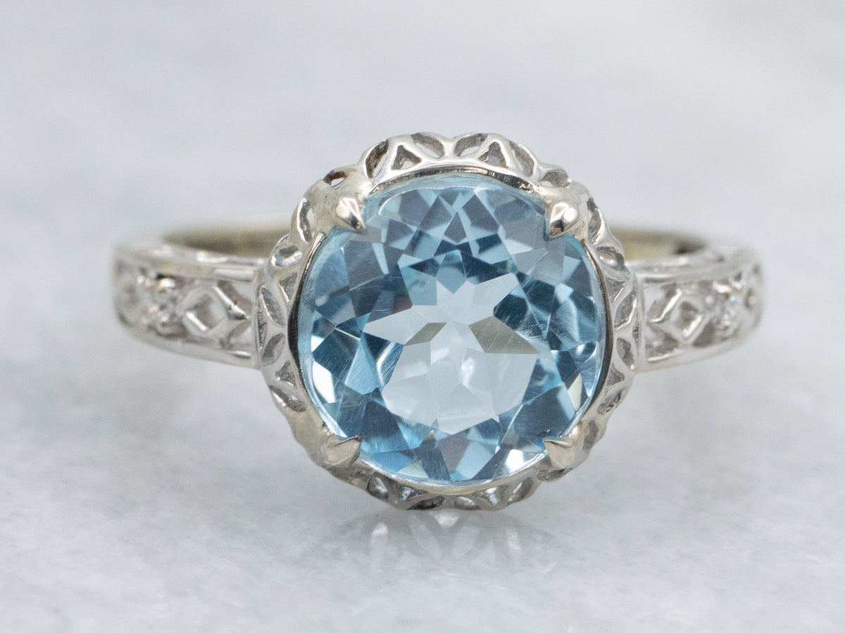 Stunning Blue Topaz and Diamond White Gold Filigree Ring