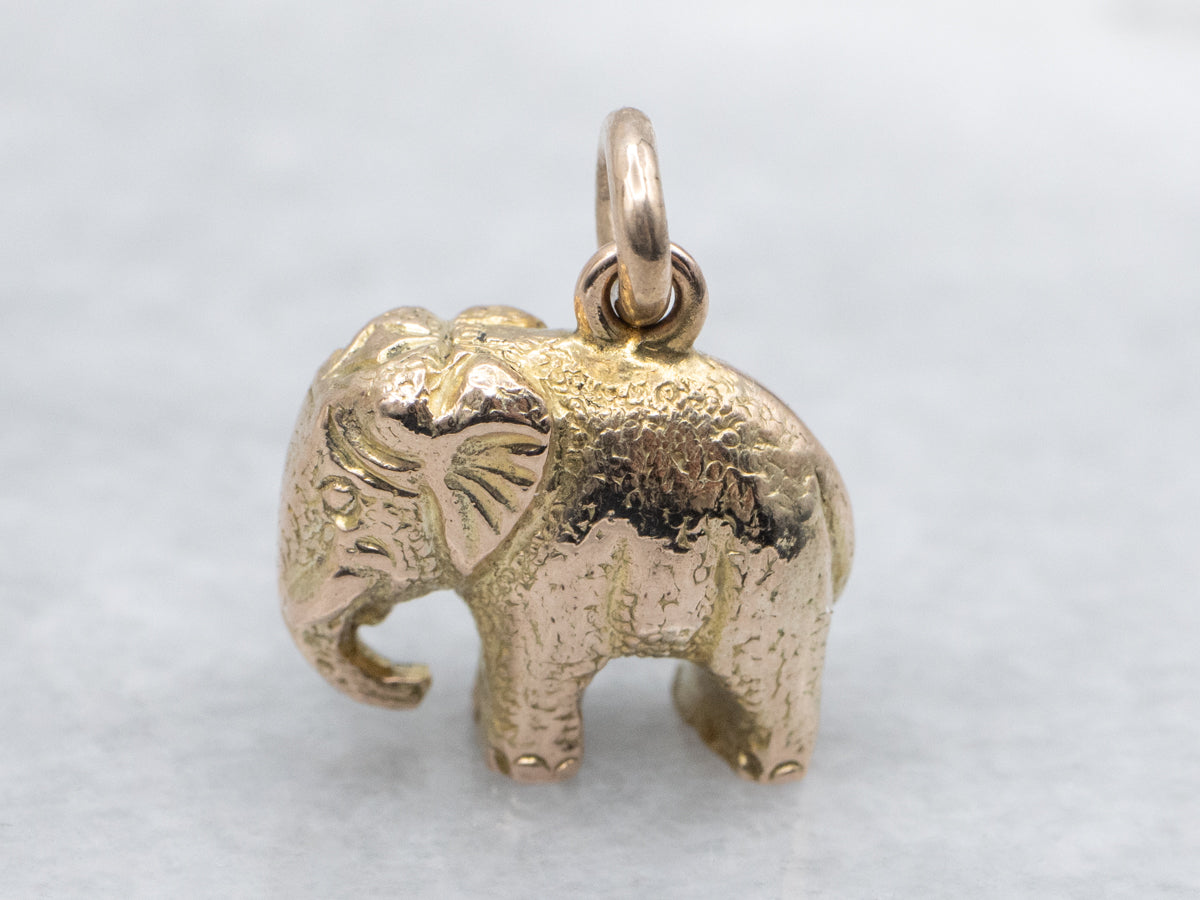 Textured Yellow Gold Vintage Elephant Charm Pendant