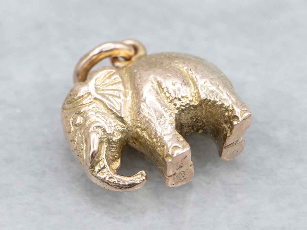 Textured Yellow Gold Vintage Elephant Charm Pendant
