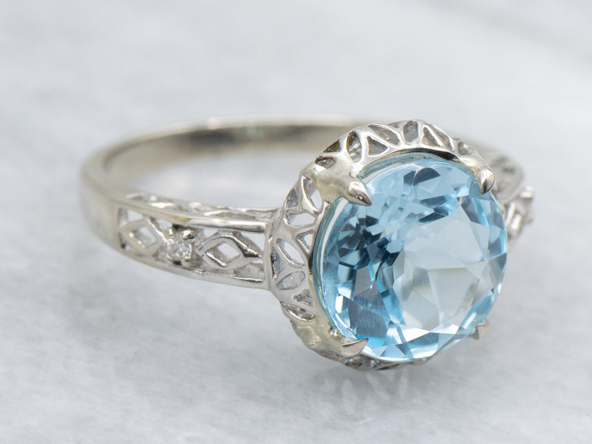 Stunning Blue Topaz and Diamond White Gold Filigree Ring