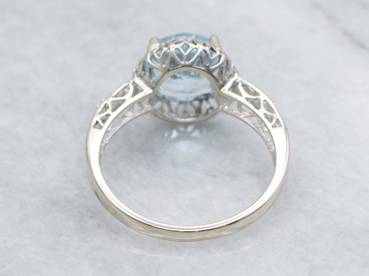 Stunning Blue Topaz and Diamond White Gold Filigree Ring