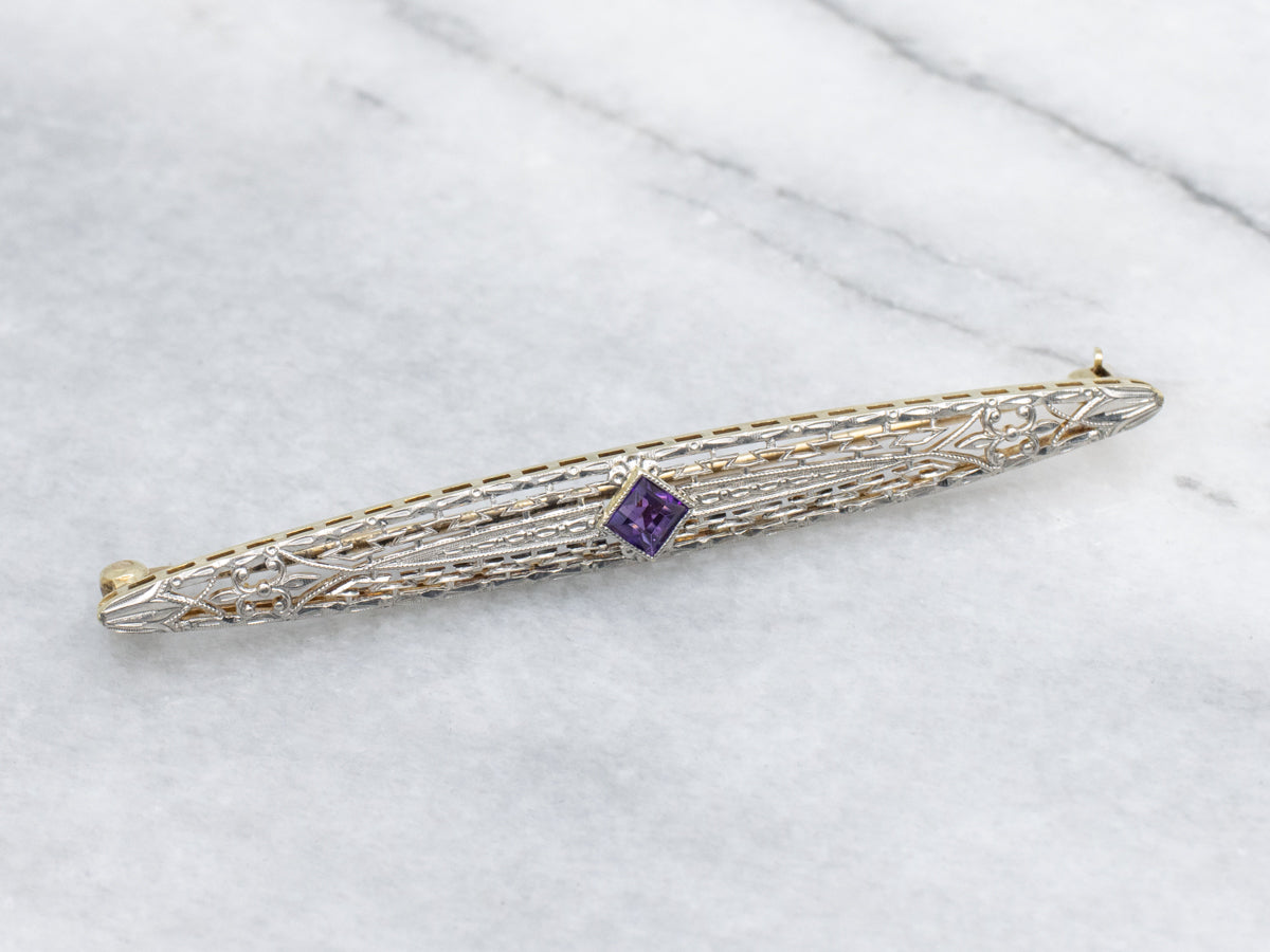 Edwardian Era Amethyst Platinum and Gold Filigree Bar Pin