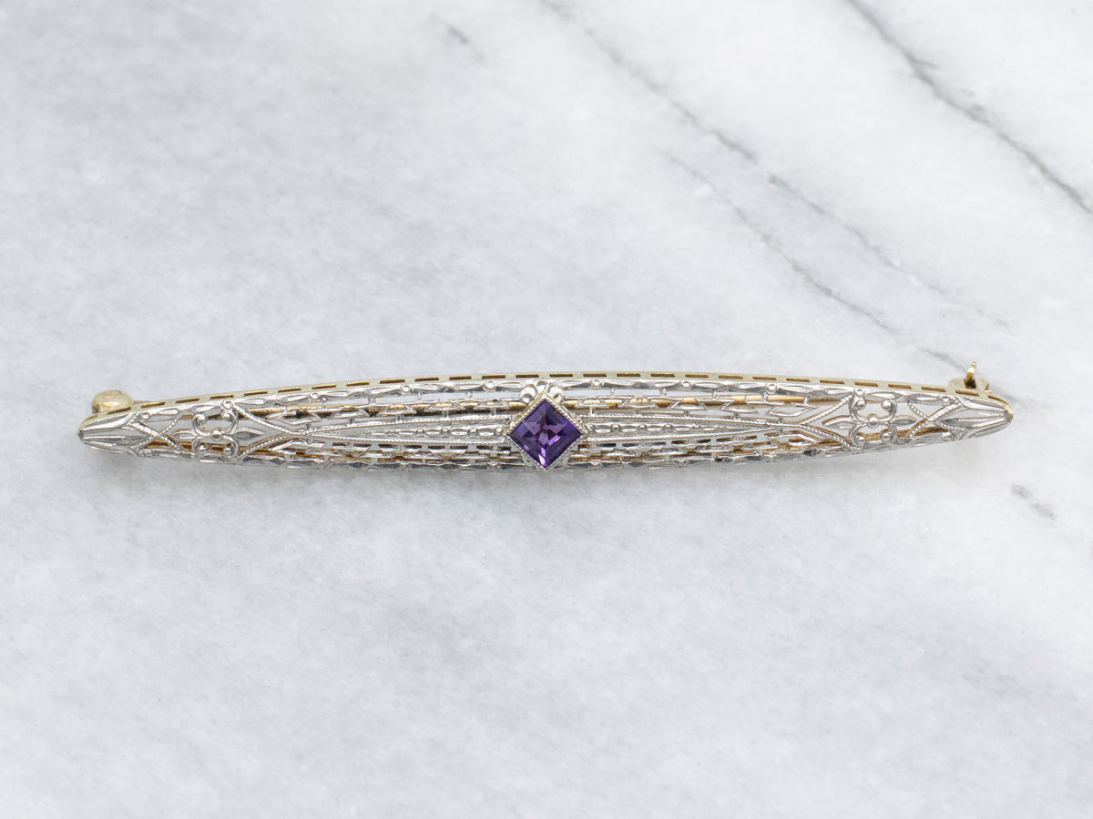 Edwardian Era Amethyst Platinum and Gold Filigree Bar Pin