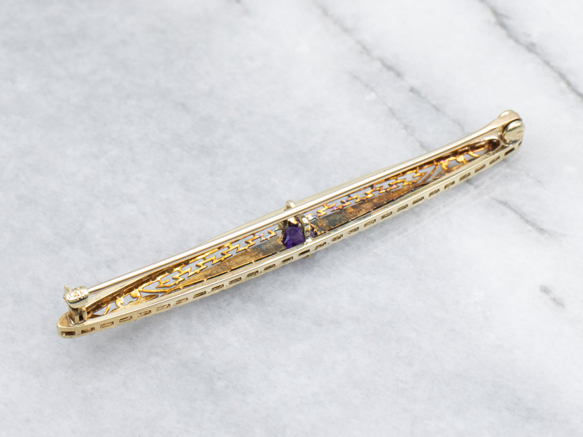Edwardian Era Amethyst Platinum and Gold Filigree Bar Pin