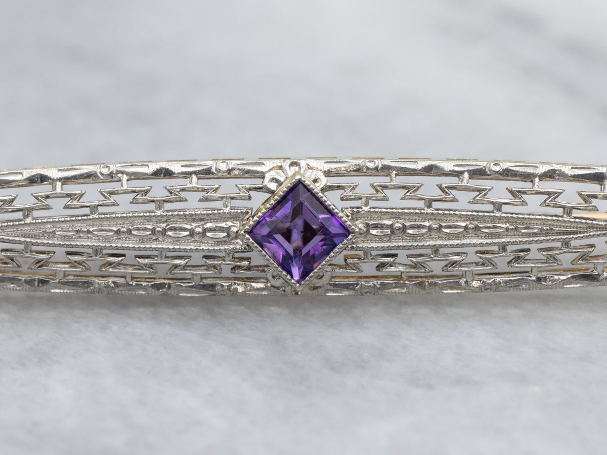 Edwardian Era Amethyst Platinum and Gold Filigree Bar Pin