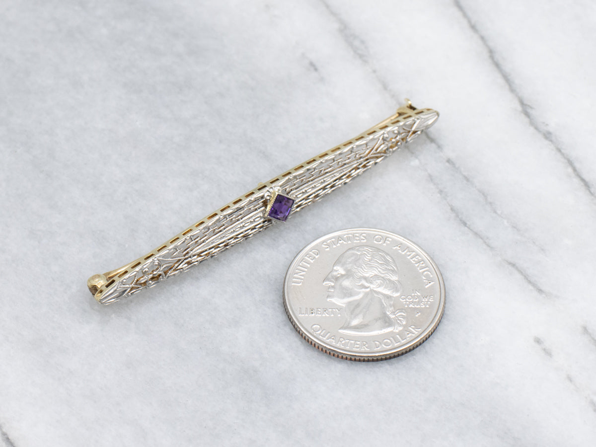 Edwardian Era Amethyst Platinum and Gold Filigree Bar Pin