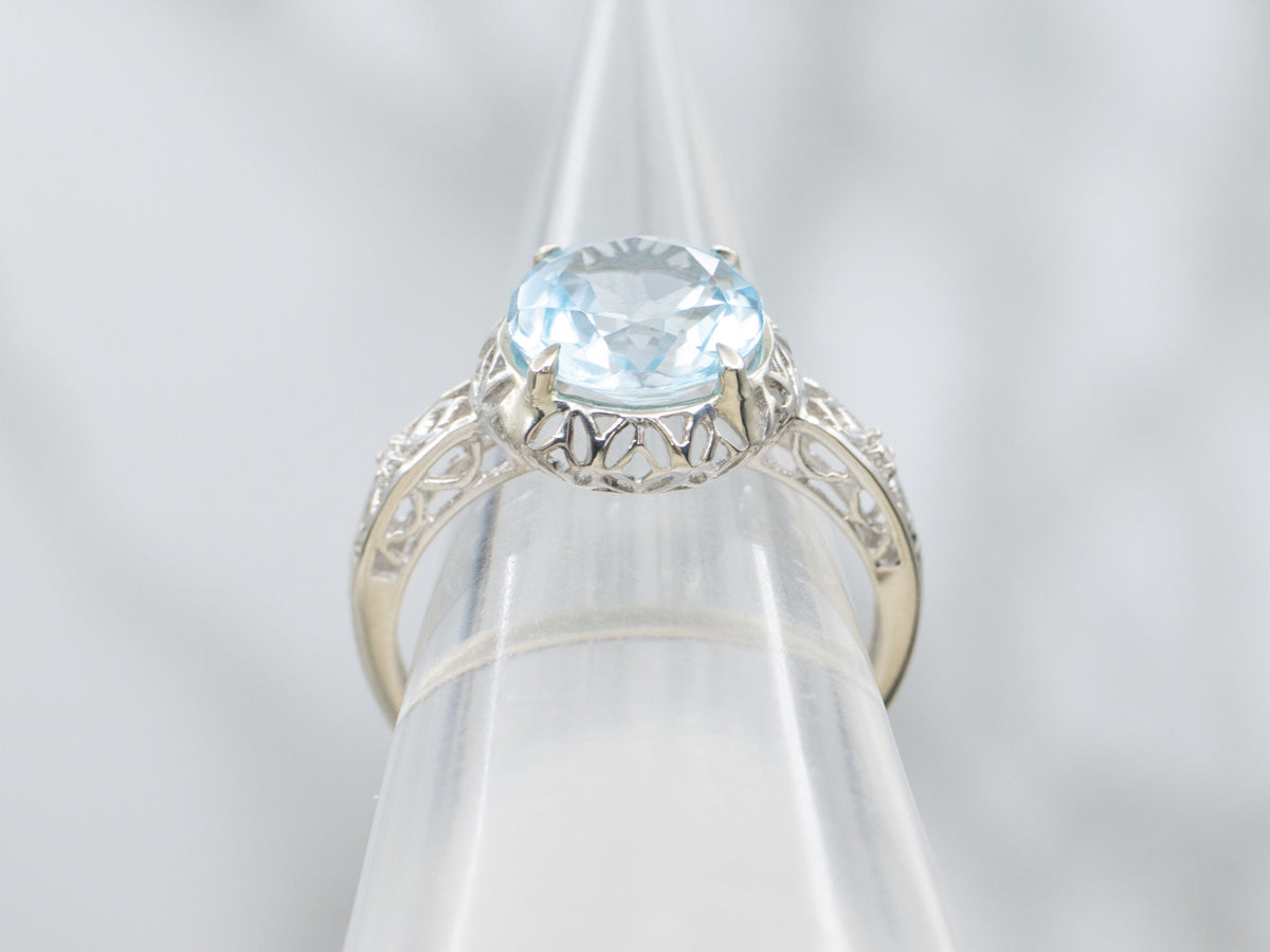 Stunning Blue Topaz and Diamond White Gold Filigree Ring