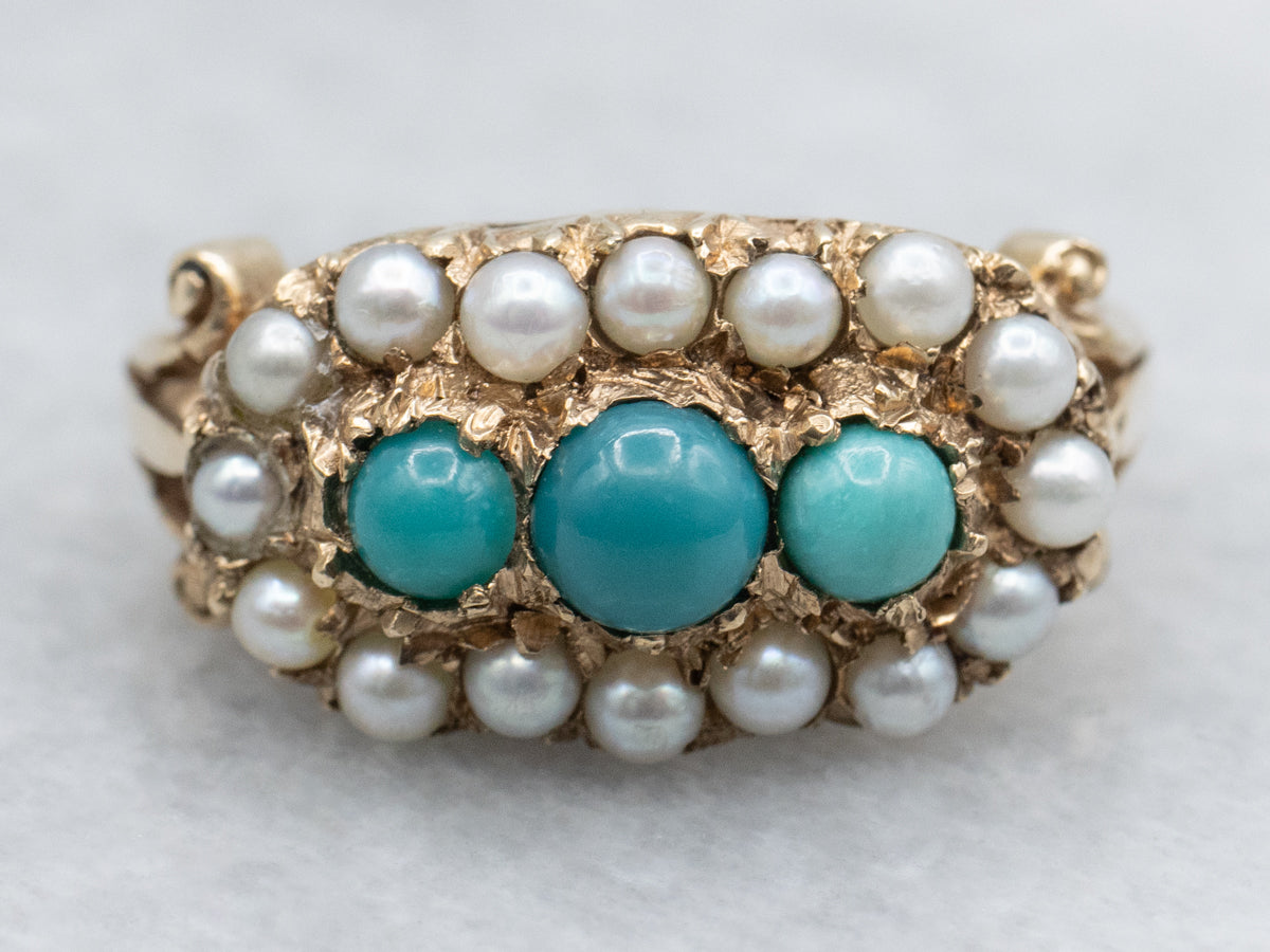 Antique Turquoise and Pearl Halo Gold Ring