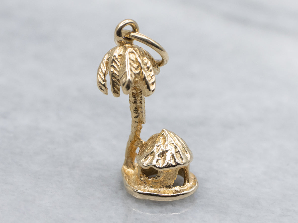Hut and Palm Tree Yellow Gold Charm Pendant