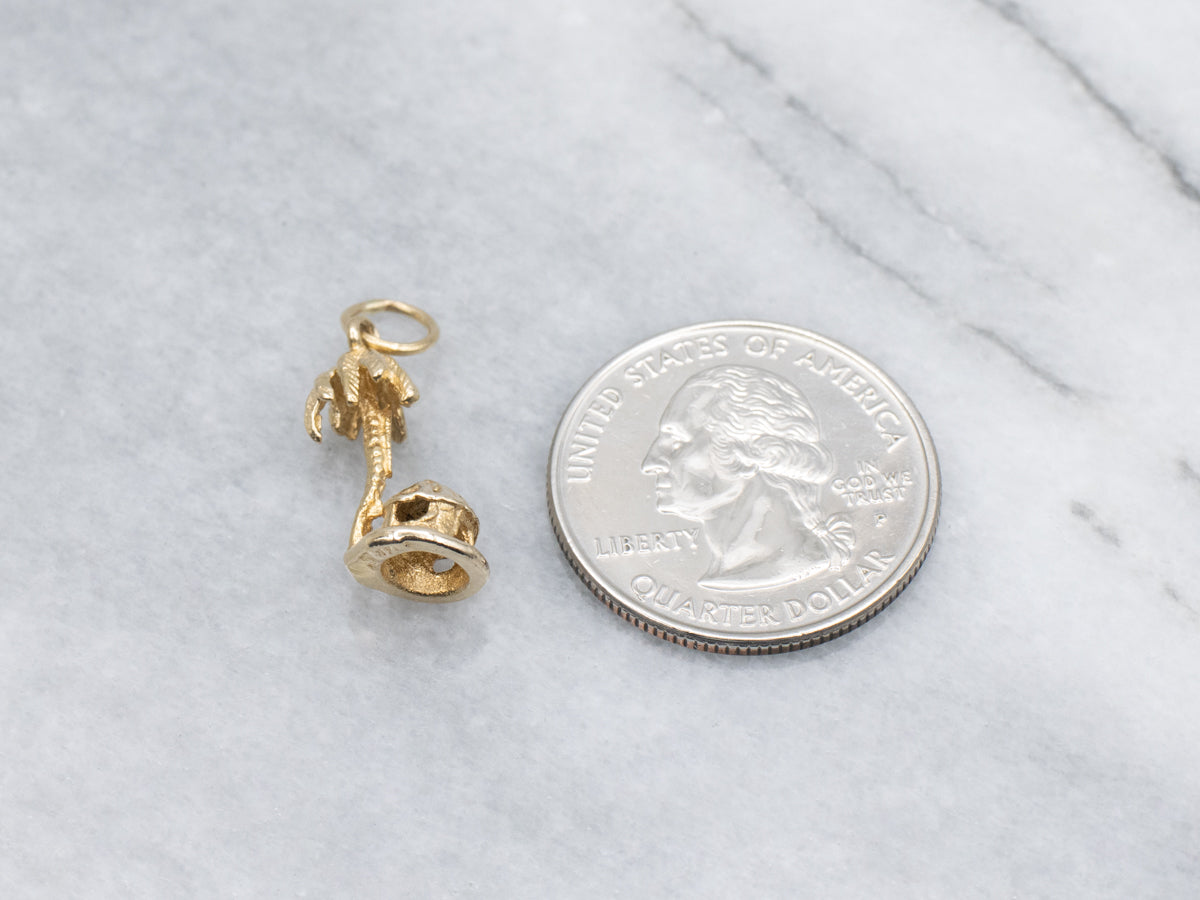 Hut and Palm Tree Yellow Gold Charm Pendant