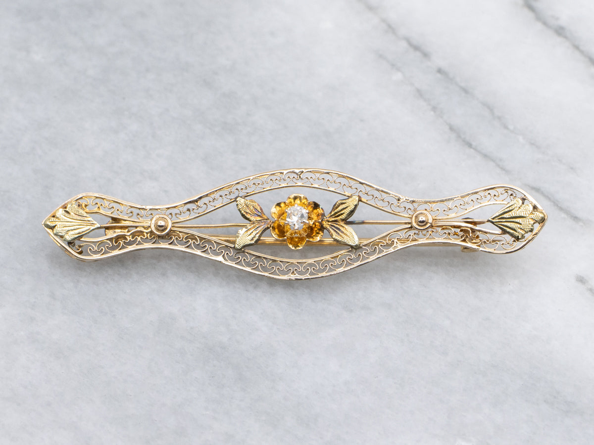 Old Mine Cut Diamond Floral Filigree Bar Pin