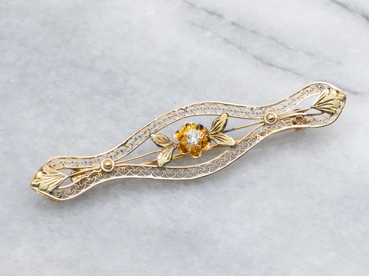 Old Mine Cut Diamond Floral Filigree Bar Pin